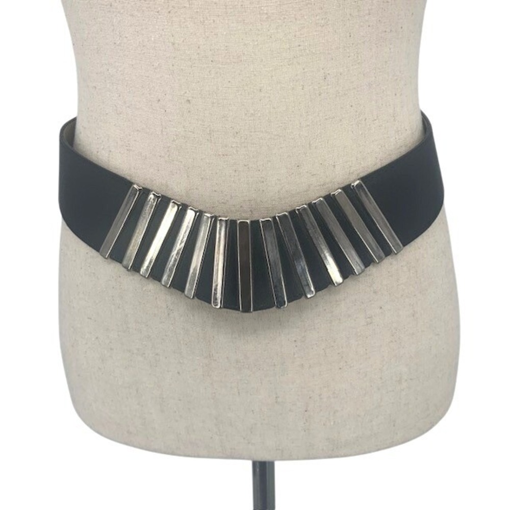 Vintage 80s Black Wide Belt Silver Metal Edgy Art Deco Geometric Statement Glam